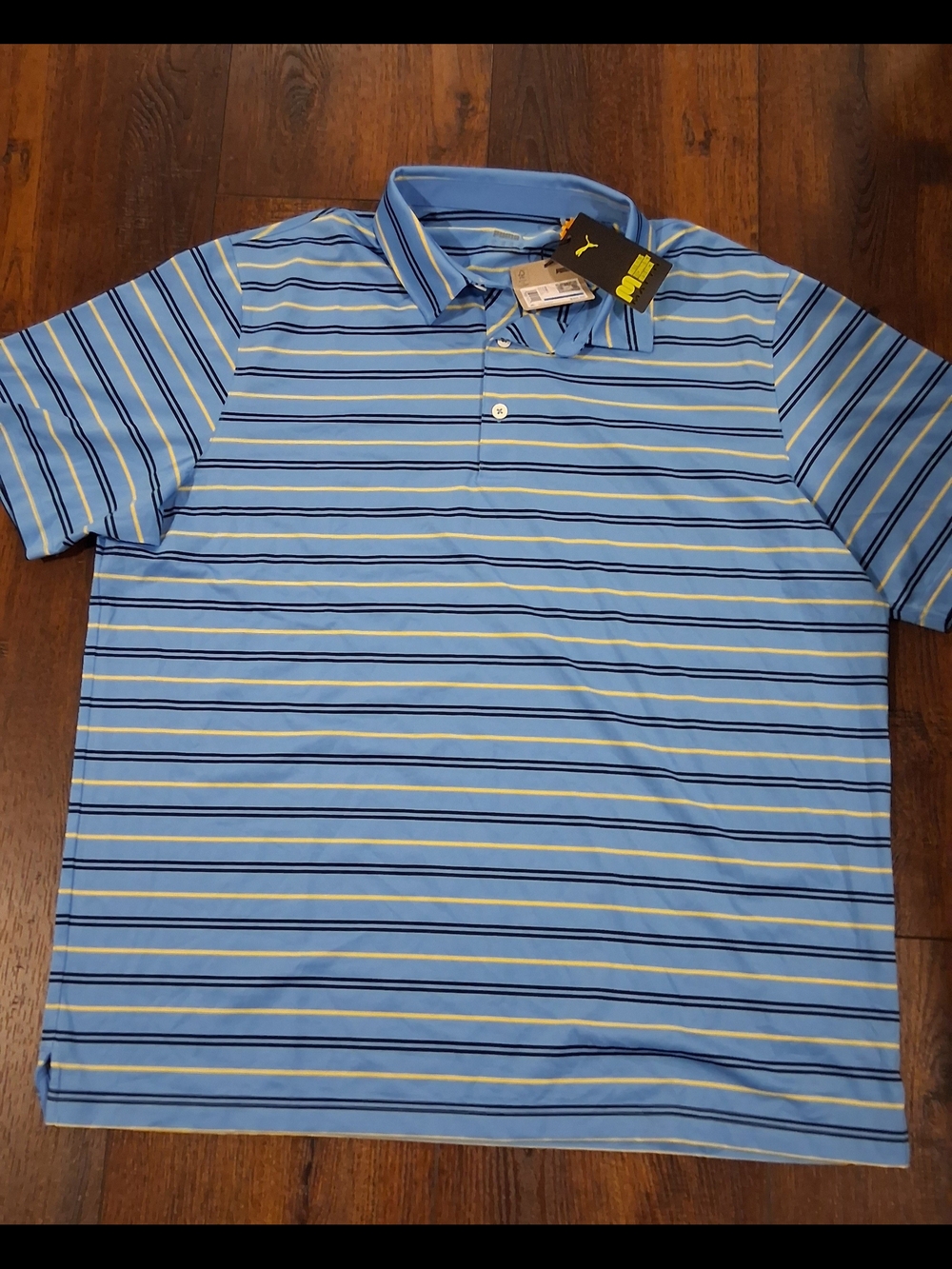 Puma Light Blue Striped Polo with Navy & Yellow Accents